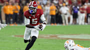 Oct 18, 2025; Tuscaloosa, Alabama, USA; Alabama Crimson Tide wide receiver Germie Bernard (5) runs with the ball in the third quarter against the Tennessee Volunteers at Saban Field at Bryant-Denny Stadium. Mandatory Credit: David Leong-Imagn Images