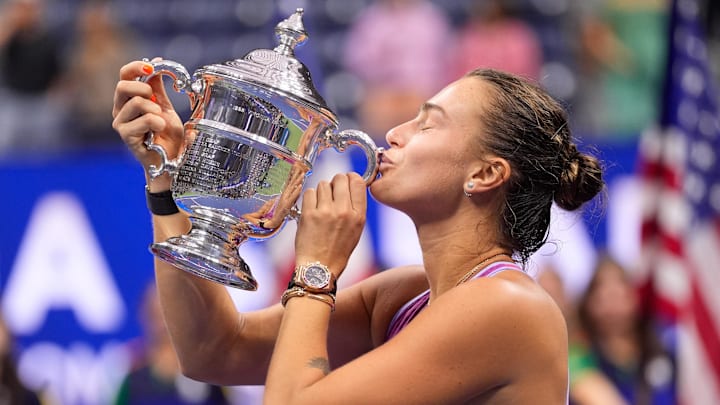 Sept 7, 2024; Flushing, NY, USA Aryna Sabalenka with the US Open Trophy after beating Jessica Pegula (USA) in the women's singles final on day thirteen of the 2024 U.S. Open tennis tournament at USTA Billie Jean King National Tennis Center.