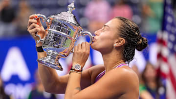 Sept 7, 2024; Flushing, NY, USA Aryna Sabalenka with the US Open Trophy