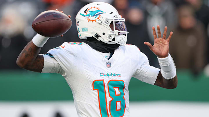 Miami Dolphins quarterback Tyler Huntley warms up before the game against the New York Jets at MetLife Stadium. Miami Dolphins quarterback Tyler Huntley warms up before the game against the New York Jets at MetLife Stadium.