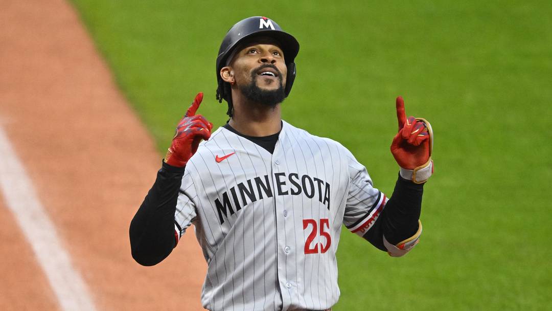 May 9, 2026; Cleveland, Ohio, USA; Minnesota Twins center fielder Byron Buxton (25) celebrates his solo home run in the first inning against the Cleveland Guardians at Progressive Field.