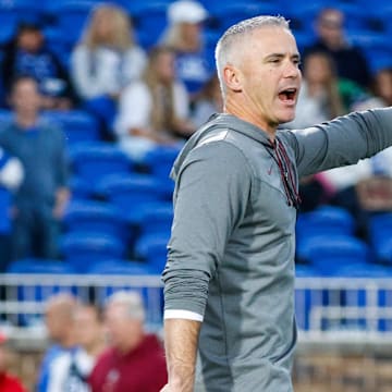 Oct 18, 2024; Durham, North Carolina, USA; Florida State Seminoles head coach Mike Norvell points prior to the first half of the game against Florida State at Wallace Wade Stadium. Mandatory Credit: Jaylynn Nash-Imagn Images