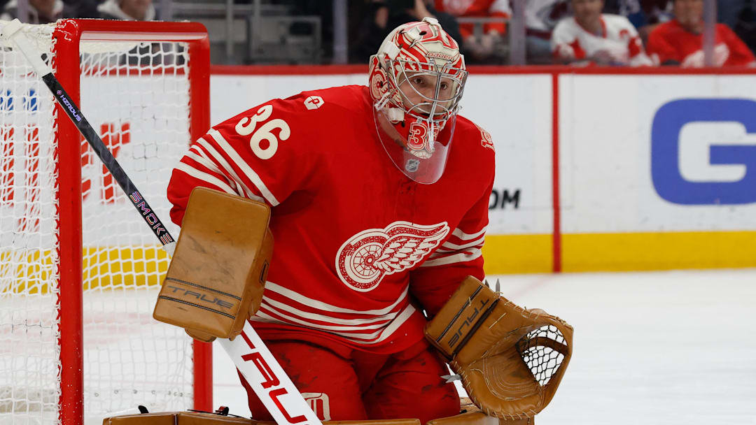 Jan 31, 2026; Detroit, Michigan, USA;  Detroit Red Wings goaltender John Gibson (36) tends goal in the first period against the Colorado Avalanche at Little Caesars Arena. Mandatory Credit: Rick Osentoski-Imagn Images