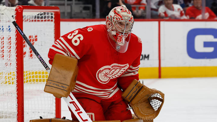 Jan 31, 2026; Detroit, Michigan, USA;  Detroit Red Wings goaltender John Gibson (36) tends goal in the first period against the Colorado Avalanche at Little Caesars Arena. Mandatory Credit: Rick Osentoski-Imagn Images