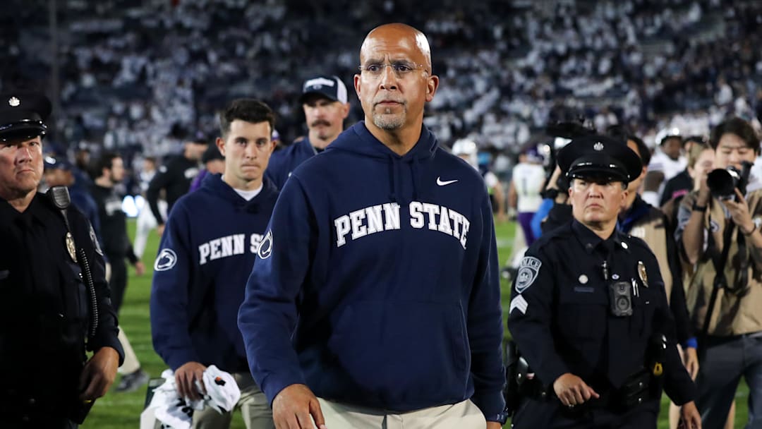 Oct 11, 2025; University Park, Pennsylvania, USA; Penn State Nittany Lions head coach James Franklin walks off the field following the game against the Northwestern Wildcats at Beaver Stadium. Mandatory Credit: Matthew O'Haren-Imagn Images