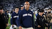 Oct 11, 2025; University Park, Pennsylvania, USA; Penn State Nittany Lions head coach James Franklin walks off the field following the game against the Northwestern Wildcats at Beaver Stadium. Mandatory Credit: Matthew O'Haren-Imagn Images