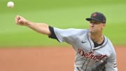 Jul 24, 2024; Cleveland, Ohio, USA; Detroit Tigers starting pitcher Jack Flaherty (9) delivers a pitch in the first inning against the Cleveland Guardians at Progressive Field. 