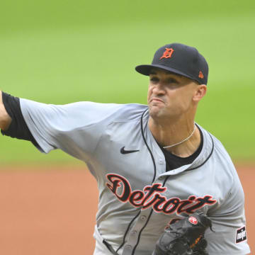Jul 24, 2024; Cleveland, Ohio, USA; Detroit Tigers starting pitcher Jack Flaherty (9) delivers a pitch in the first inning against the Cleveland Guardians at Progressive Field. 