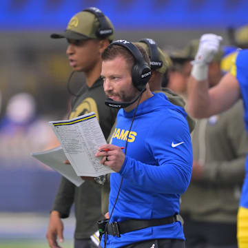 Nov 2, 2025; Inglewood, California, USA; Los Angeles Rams head coach Sean McVay on the sidelines against the New Orleans Saints during the first half at SoFi Stadium. Mandatory Credit: Jayne Kamin-Oncea-Imagn Images