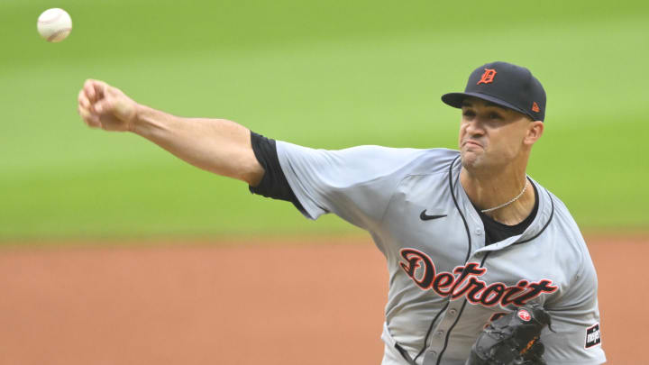 Jul 24, 2024; Cleveland, Ohio, USA; Detroit Tigers starting pitcher Jack Flaherty (9) delivers a pitch in the first inning against the Cleveland Guardians at Progressive Field. Mandatory Credit: David Richard-USA TODAY Sports