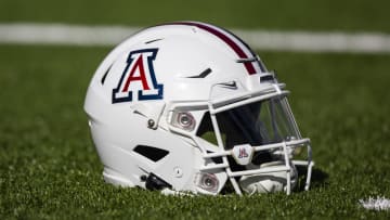 Nov 25, 2022; Tucson, Arizona, USA; Detailed view of an Arizona Wildcats helmet on the field during the Territorial Cup at Arizona Stadium. Mandatory Credit: Mark J. Rebilas-USA TODAY Sports