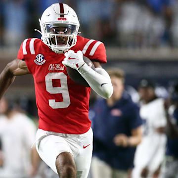 Sep 21, 2024; Oxford, Mississippi, USA; Mississippi Rebels wide receiver Tre Harris (9) runs after a catch for a touchdown during the first half against the Georgia Southern Eagles at Vaught-Hemingway Stadium. Mandatory Credit: Petre Thomas-Imagn Images