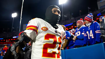 Jan 21, 2024; Orchard Park, New York, USA; Kansas City Chiefs safety Mike Edwards (21) against the Buffalo Bills in the 2024 AFC divisional round game at Highmark Stadium. Mandatory Credit: Mark J. Rebilas-Imagn Images