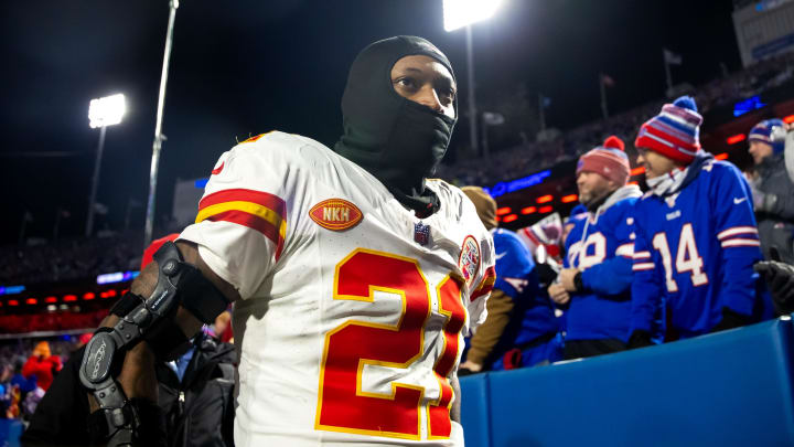 Jan 21, 2024; Orchard Park, New York, USA; Kansas City Chiefs safety Mike Edwards (21) against the Buffalo Bills in the 2024 AFC divisional round game at Highmark Stadium. 