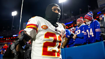 Jan 21, 2024; Orchard Park, New York, USA; Kansas City Chiefs safety Mike Edwards (21) against the Buffalo Bills in the 2024 AFC divisional round game at Highmark Stadium. Mandatory Credit: Mark J. Rebilas-Imagn Images
