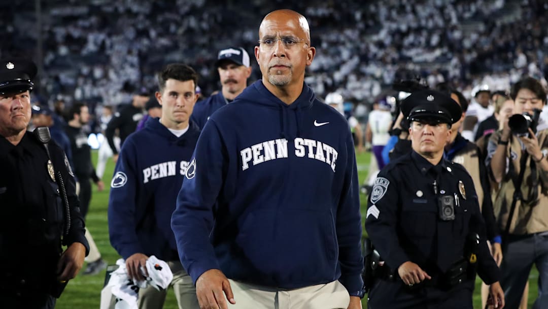 Oct 11, 2025; University Park, Pennsylvania, USA; Penn State Nittany Lions head coach James Franklin walks off the field following the game against the Northwestern Wildcats at Beaver Stadium. Mandatory Credit: Matthew O'Haren-Imagn Images
