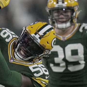 Green Bay Packers linebacker Edgerrin Cooper (56) celebrates a tackle for loss against the Saints last season.