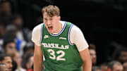 Oct 26, 2025; Dallas, Texas, USA; Dallas Mavericks forward Cooper Flagg (32) celebrates during the first quarter against the Toronto Raptors at the American Airlines Center. Mandatory Credit: Jerome Miron-Imagn Images