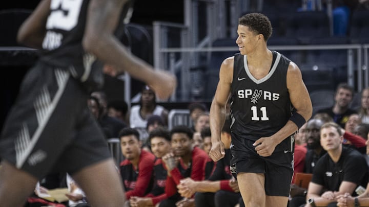 Jul 5, 2025; San Francisco, California, USA; San Antonio Spurs rookie Carter Bryant (11) jogs down the court after a 3-point shot against the Miami Heat at the 2025 California Classic at Chase Center. Jul 5, 2025; San Francisco, California, USA; San Antonio Spurs rookie Carter Bryant (11) jogs down the court after a 3-point shot against the Miami Heat at the 2025 California Classic at Chase Center.