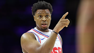 Jan 29, 2025; Philadelphia, Pennsylvania, USA; Philadelphia 76ers guard Kyle Lowry (7) reacts to a play against the Sacramento Kings during the fourth quarter at Wells Fargo Center. Mandatory Credit: Bill Streicher-Imagn Images