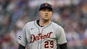 Aug 14, 2025; Minneapolis, Minnesota, USA; Detroit Tigers starting pitcher Tarik Skubal (29) reacts after giving up a hit against the Minnesota Twins in the fourth inning at Target Field. Mandatory Credit: Jesse Johnson-Imagn Images