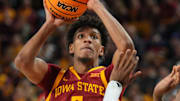 Jan 25, 2025; Tempe, Arizona, USA; Iowa State Cyclones guard Curtis Jones (5) shoots against the Arizona State Sun Devils during the second half at Desert Financial Arena. Mandatory Credit: Joe Camporeale-Imagn Images