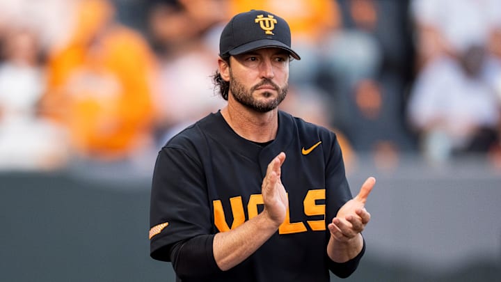 Tennessee head coach Tony Vitello during a college baseball game between Tennessee and Vanderbilt at Lindsey Nelson Stadium in Knoxville, Tenn., on May 9, 2025.