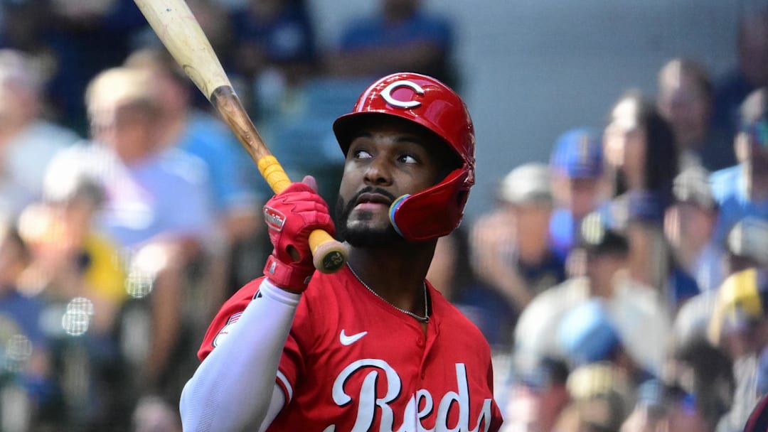Sep 28, 2025; Milwaukee, Wisconsin, USA; Cincinnati Reds designated hitter Miguel Andujar (38) reacts after striking out in the first inning against the Milwaukee Brewers at American Family Field. Mandatory Credit: Benny Sieu-Imagn Images
