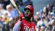Sep 28, 2025; Milwaukee, Wisconsin, USA; Cincinnati Reds designated hitter Miguel Andujar (38) reacts after striking out in the first inning against the Milwaukee Brewers at American Family Field. Mandatory Credit: Benny Sieu-Imagn Images