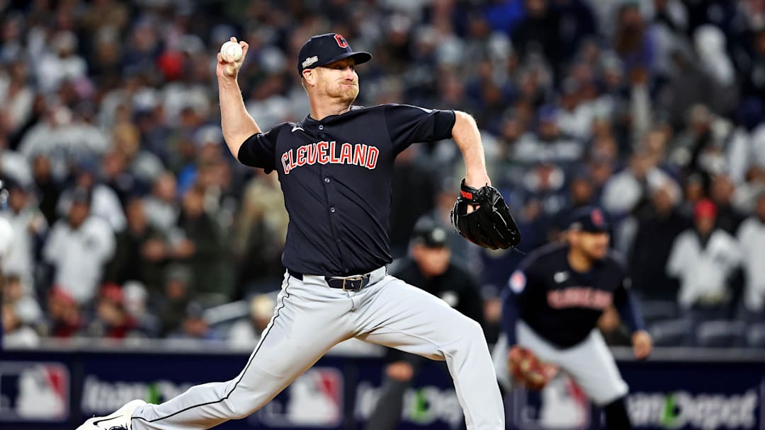 Oct 14, 2024; Bronx, New York, USA; Cleveland Guardians pitcher Alex Cobb (35) pitches during the second inning against the New York Yankees in game one of the ALCS for the 2024 MLB Playoffs at Yankee Stadium. Mandatory Credit: Wendell Cruz-Imagn Images