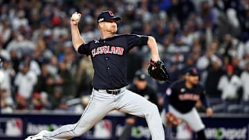 Oct 14, 2024; Bronx, New York, USA; Cleveland Guardians pitcher Alex Cobb (35) pitches during the second inning against the New York Yankees in game one of the ALCS for the 2024 MLB Playoffs at Yankee Stadium. Mandatory Credit: Wendell Cruz-Imagn Images