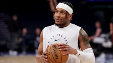 Apr 11, 2025; New York, New York, USA; New York Knicks guard Miles McBride (2) warms up before a game against the Cleveland Cavaliers at Madison Square Garden. Mandatory Credit: Brad Penner-Imagn Images