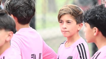Thiago Messi, second from right, and his Inter Miami Academy teammates prepare to play Newell's Old Boys in November.