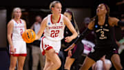 Nebraska forward Natalie Potts moves the ball up the court as Texas A&M takes on Nebraska in the first round of the NCAA Tournament.