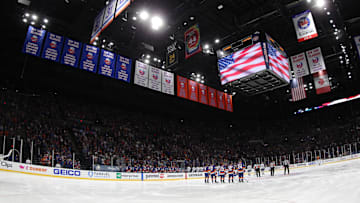 Jun 23, 2021; Uniondale, New York, USA; General view of Nassau Veterans Memorial Coliseum during the National Anthem before game six of the 2021 Stanley Cup Semifinals between the New York Islanders and the Tampa Bay Lightning. Mandatory Credit: Brad Penner-Imagn Images
