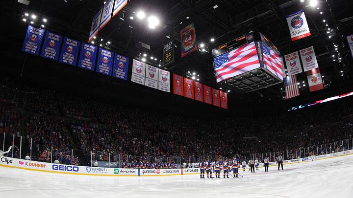Jun 23, 2021; Uniondale, New York, USA; General view of Nassau Veterans Memorial Coliseum during the National Anthem before game six of the 2021 Stanley Cup Semifinals between the New York Islanders and the Tampa Bay Lightning. Mandatory Credit: Brad Penner-Imagn Images