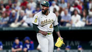 Apr 30, 2025; Arlington, Texas, USA;  Oakland Athletics starting pitcher Luis Severino (40) reacts during the third inning against the Texas Rangers at Globe Life Field. Mandatory Credit: Kevin Jairaj-Imagn Images