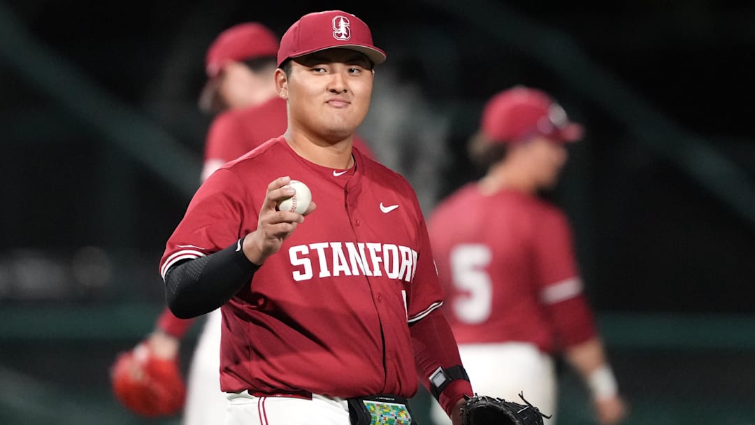 Mar 1, 2025; Stanford, CA, USA; Stanford Cardinal first baseman Rintaro Sasaki (3) during the eighth inning against the Xavier Musketeers at Sunken Diamond. Mandatory Credit: Darren Yamashita-Imagn Images
