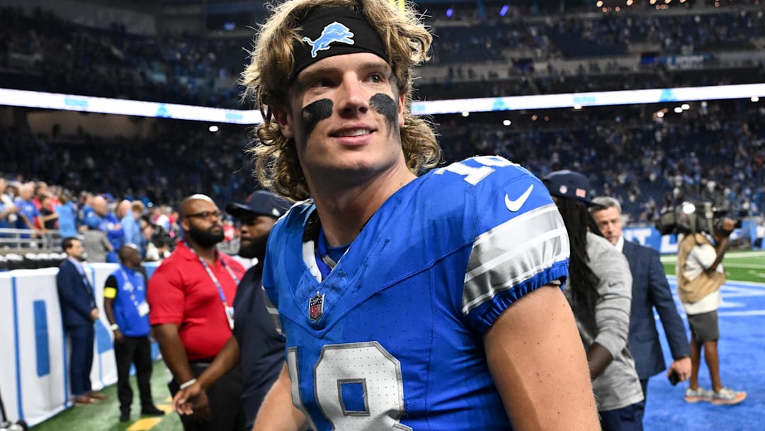 Sep 14, 2025; Detroit, Michigan, USA; Detroit Lions wide receiver Isaac TeSlaa (18) looks on as he leaves the field after the game against the Chicago Bears at Ford Field. 