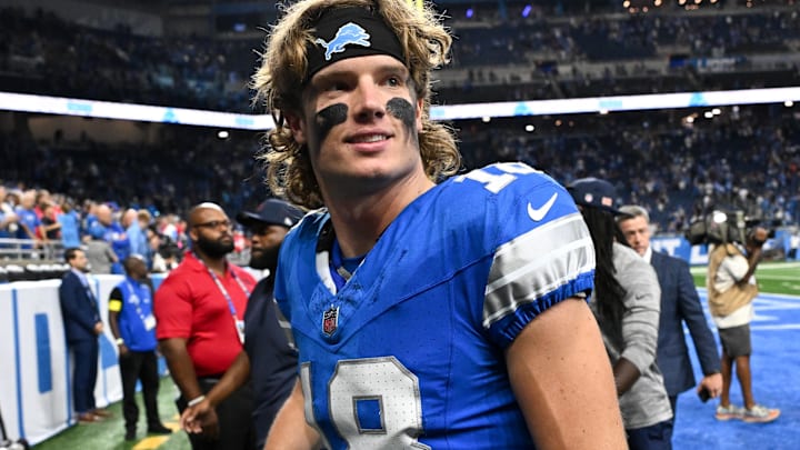 Sep 14, 2025; Detroit, Michigan, USA; Detroit Lions wide receiver Isaac TeSlaa (18) looks on as he leaves the field after the game against the Chicago Bears at Ford Field. 