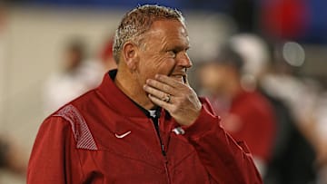 Dec 27, 2024; Memphis, TN, USA; Arkansas Razorbacks head coach Sam Pittman looks on during warm ups prior to the game against the Texas Tech Red Raiders at Simmons Bank Liberty Stadium. Mandatory Credit: Petre Thomas-Imagn Images