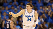 Nov 7, 2025; Los Angeles, California, USA;  UCLA Bruins forward Tyler Bilodeau (34) reacts after scoring a goal during the first half against the Pepperdine Waves at Pauley Pavilion presented by Wescom Financial. Mandatory Credit: Kiyoshi Mio-Imagn Images