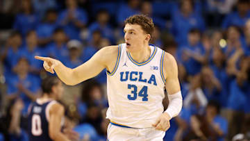Nov 7, 2025; Los Angeles, California, USA;  UCLA Bruins forward Tyler Bilodeau (34) reacts after scoring a goal during the first half against the Pepperdine Waves at Pauley Pavilion presented by Wescom Financial. Mandatory Credit: Kiyoshi Mio-Imagn Images