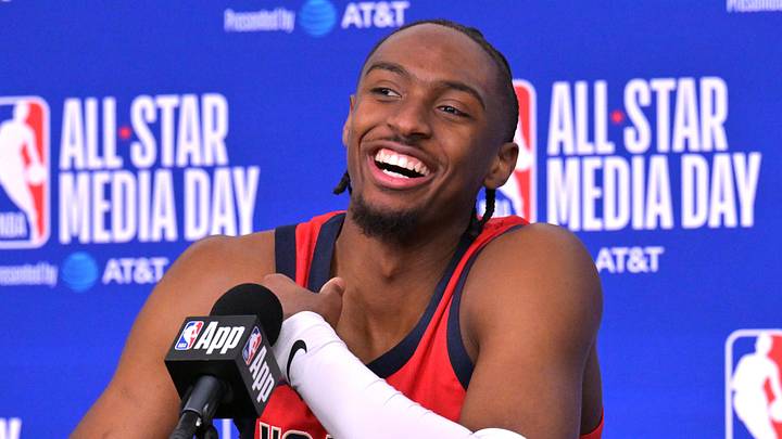 Feb 14, 2026; Los Angeles, CA, USA; Team USA Stars guard Tyrese Maxey (0) of the Philadelphia 76ers during a news conference for the NBA All Star game at Intuit Dome. Mandatory Credit: Jayne Kamin-Oncea-Imagn Images