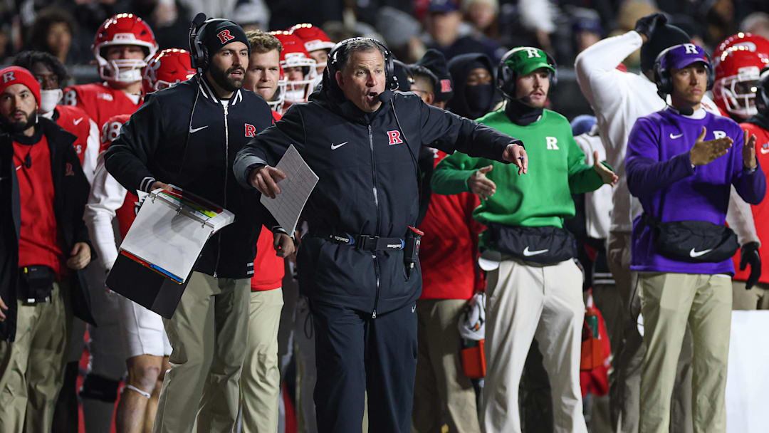 Nov 29, 2025; Piscataway, New Jersey, USA;  Rutgers Scarlet Knights head coach Greg Schiano reacts during the second half against the Penn State Nittany Lions at SHI Stadium. Mandatory Credit: Vincent Carchietta-Imagn Images