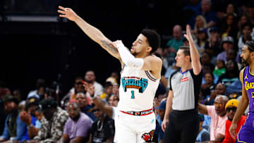 Mar 29, 2025; Memphis, Tennessee, USA; Memphis Grizzlies guard Scotty Pippen Jr. (1) reacts after a basket during the first quarter against the Los Angeles Lakers at FedExForum. Mandatory Credit: Petre Thomas-Imagn Images