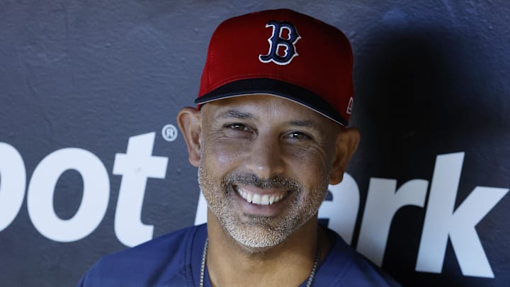 Jul 2, 2024; Miami, Florida, USA;  Boston Red Sox manager Alex Cora (13) speaks with the media before the game against the Miami Marlins at loanDepot Park. Mandatory Credit: Rhona Wise-Imagn Images
