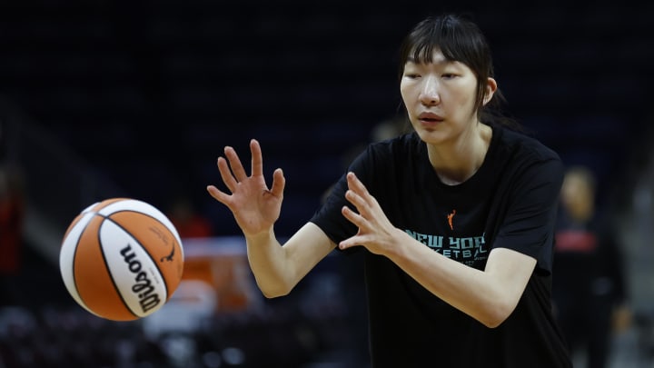 May 19, 2023; Washington, District of Columbia, USA; New York Liberty center Han Xu catches a pass during a pregame shoot around prior to the game against the Washington Mystics at Entertainment & Sports Arena. Mandatory Credit: Geoff Burke-USA TODAY Sports