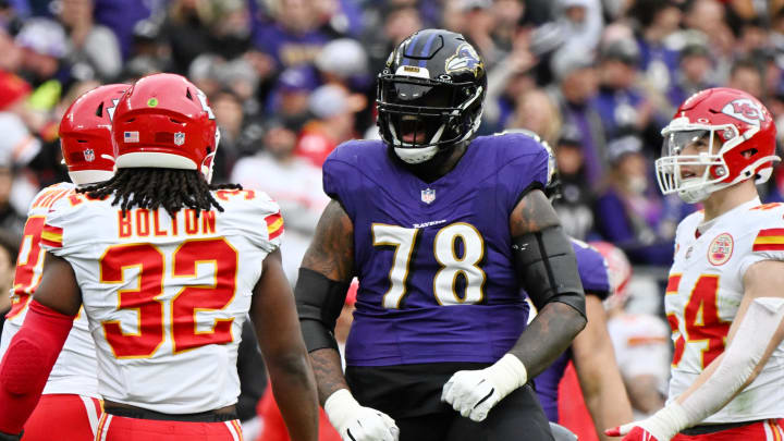 Jan 28, 2024; Baltimore, Maryland, USA; Baltimore Ravens offensive tackle Morgan Moses (78) reacts after a play against the Kansas City Chiefs during the first half in the AFC Championship football game at M&T Bank Stadium.  