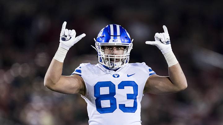 Nov 26, 2022; Stanford, California, USA;  Brigham Young Cougars tight end Isaac Rex (83) reacts after a Cougars touchdown against the Stanford Cardinal during the first half at Stanford Stadium. Mandatory Credit: John Hefti-Imagn Images